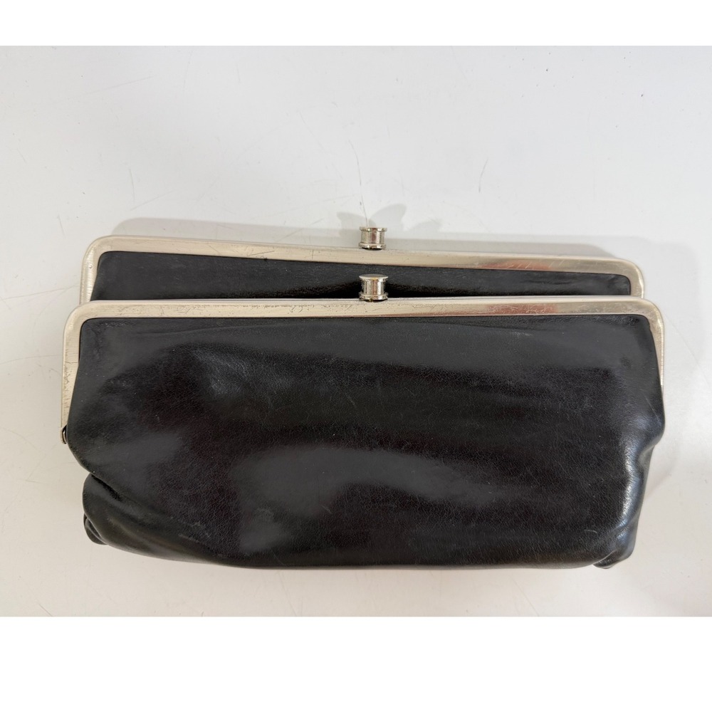 Hobo International Lauren Black Leather Double Silver Frame Clutch Wallet